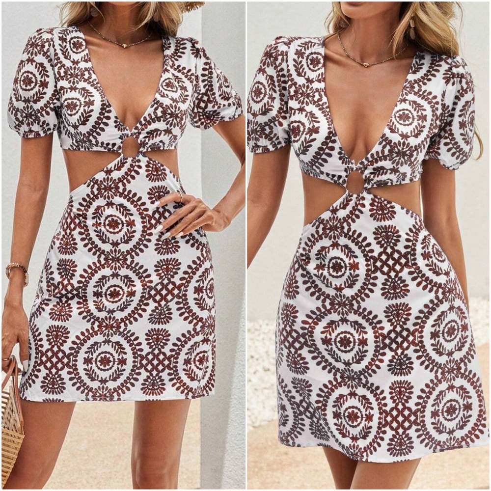 Boho Floral Print Back Tie Cut out Mini Dress - Picture 6 of 6